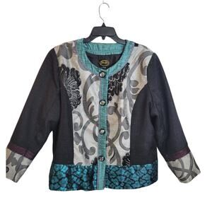 Julia Ku Blazer Bohemian Women's Jacket Blue Black Gray Floral Metallic Size 2X